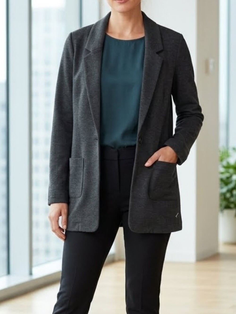 Garnet Hill Charcoal Heather Stretch Wool Blend Knit Blazer Size 6